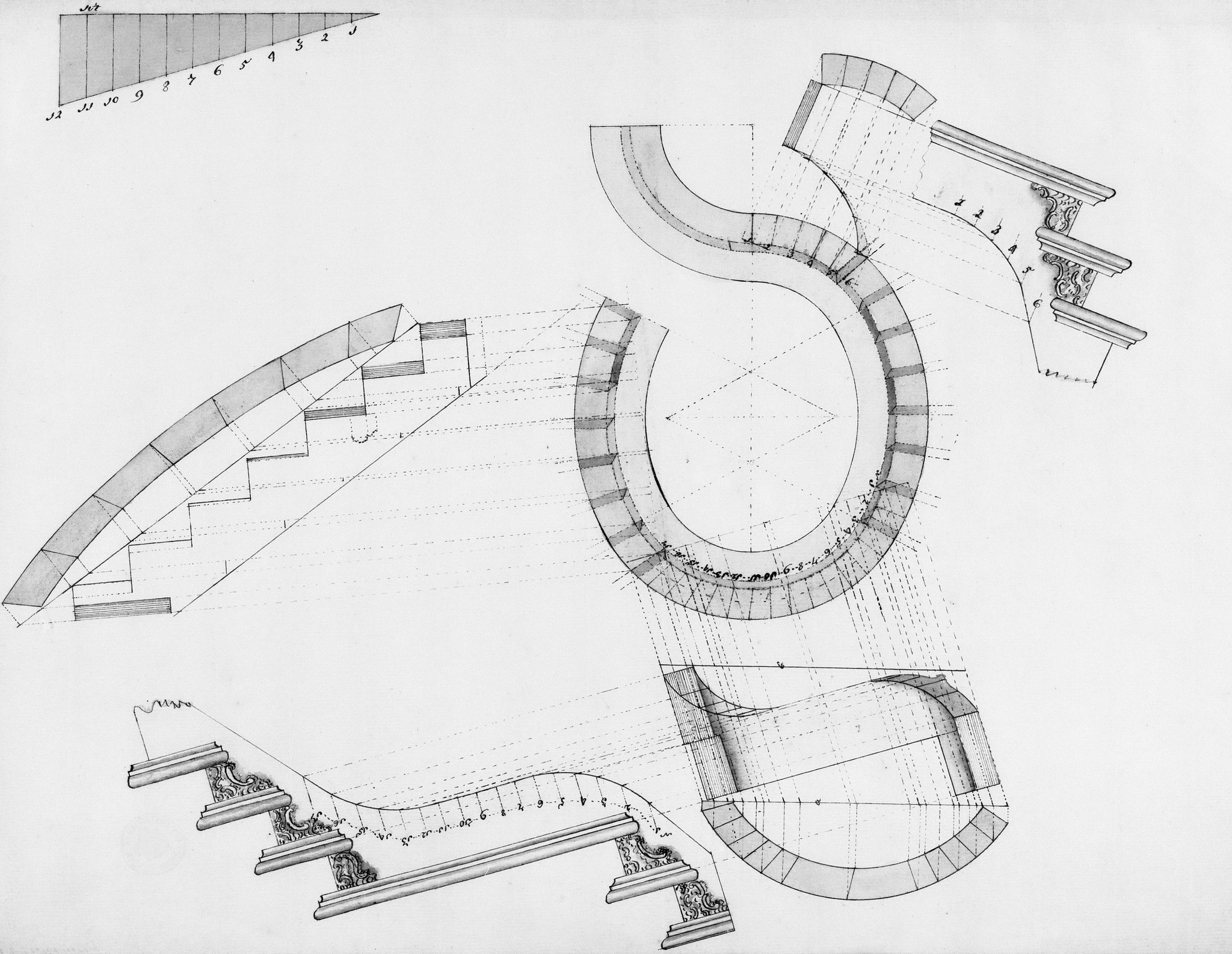 Titel: Ornamentale grillige trap. Beschrijving: bovenaanzicht van een trap die de vorm van een haak beschrijft/detail van een geornamenteerde trede met bordes/doorsnede over het bordes/detail constructie